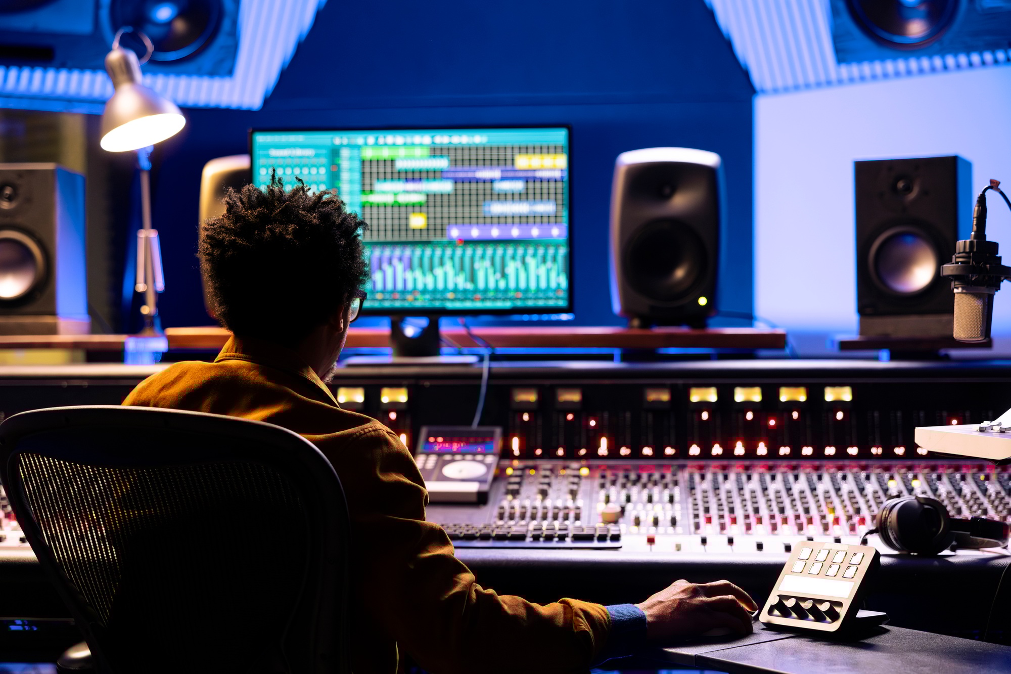 Music producer editing and processing sounds in control room